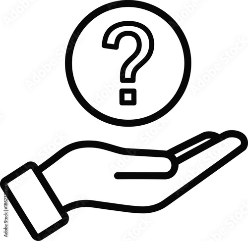 Outline icon of a hand presenting a question mark representing inquiry and support