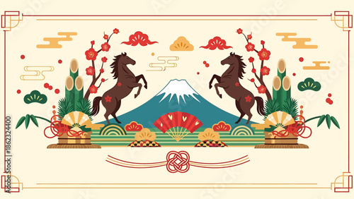 Horses and Mount Fuji, Japanese Illustration, Traditional Art, Serene Landscape, Vibrant Colors