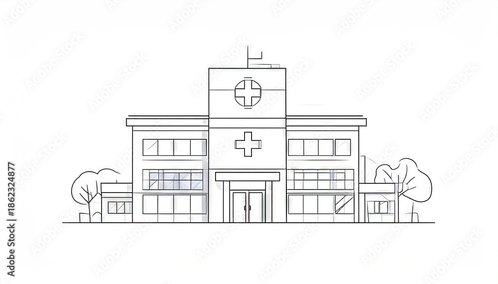 Obraz premium Hospital building exterior drawing black lines on white