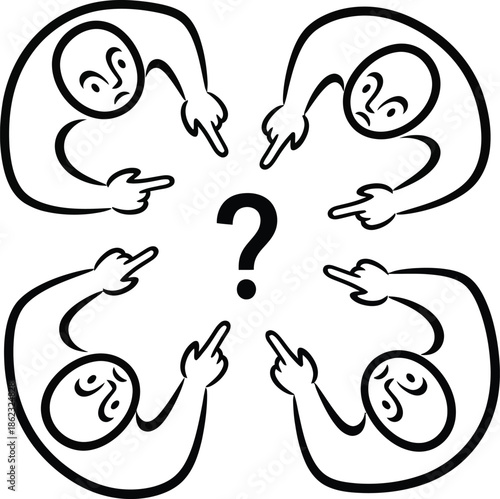 Collective confusion and shared responsibility represented by figures pointing at a question mark