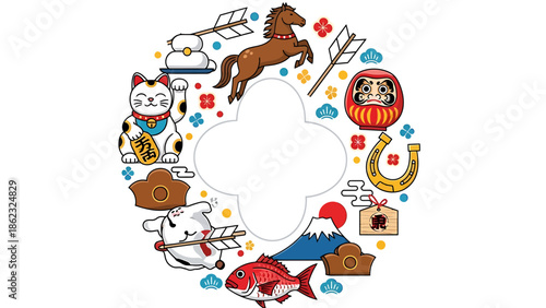 Cultural Celebration, Lucky Symbols, Japan, Illustration, Festive Design, Colorful Environment, Whimsical Viewpoint