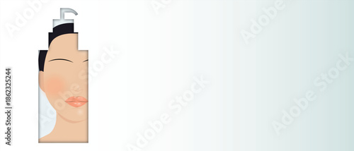 Skincare cleanser concept illustration with cosmetic bottle silhouette filled with abstract female face and healthy skin texture. Beauty routine, facial cleansing and self care concept for branding, s