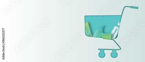 Conceptual skincare illustration with shopping cart. Beauty consumption, self care routine and cosmetic overload concept with copy space