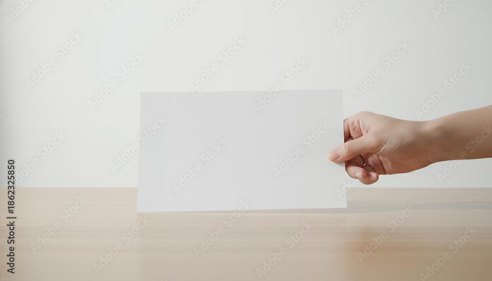 Obraz premium Hand Holding Blank White Paper Card Mockup on Wooden Desk. Horizontal Document or Flyer Template Presentation.