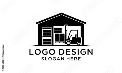 Warehouse with Forklift and Stacked Boxes Logo Design.