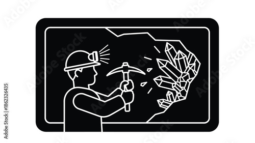 A miner with a headlamp diligently excavating shimmering crystals from a rock face