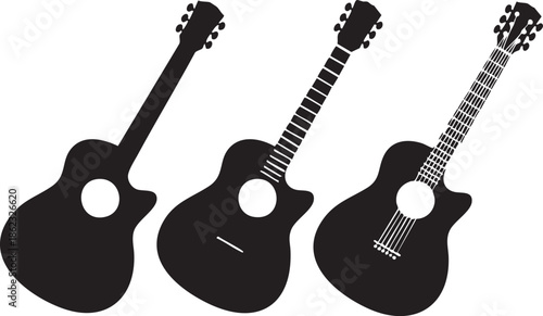 Three black acoustic guitar silhouettes isolated on transparent background