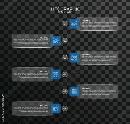 6 Step Vertical Timeline Infographic Template. Modern Glassmorphism Business Process Flow with Blue Elements and Icons on Dark Grid Background.