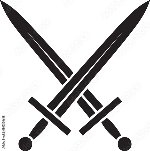 Two crossed medieval swords silhouette isolated on transparent background