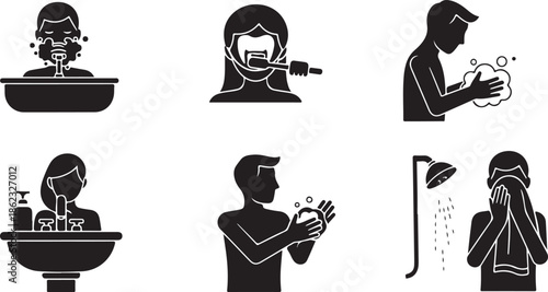 Personal hygiene icons showing washing face, hands, and showering