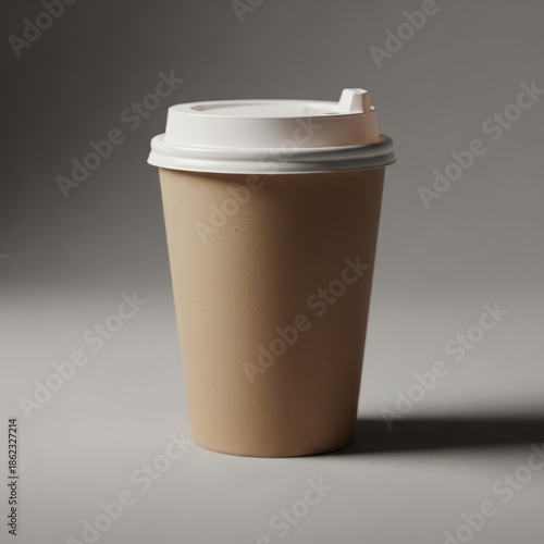 Minimalist studio shot of a single brown coffee cup with a white lid against a clean grey background