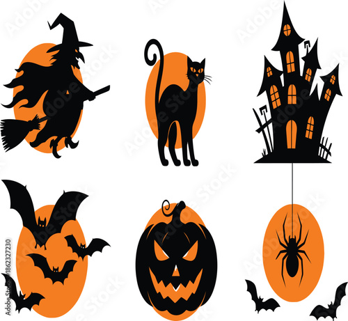 Halloween icons featuring a witch haunted house and spooky creatures silhouette