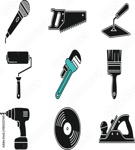 Collection of tools and objects depicted in a striking black silhouette