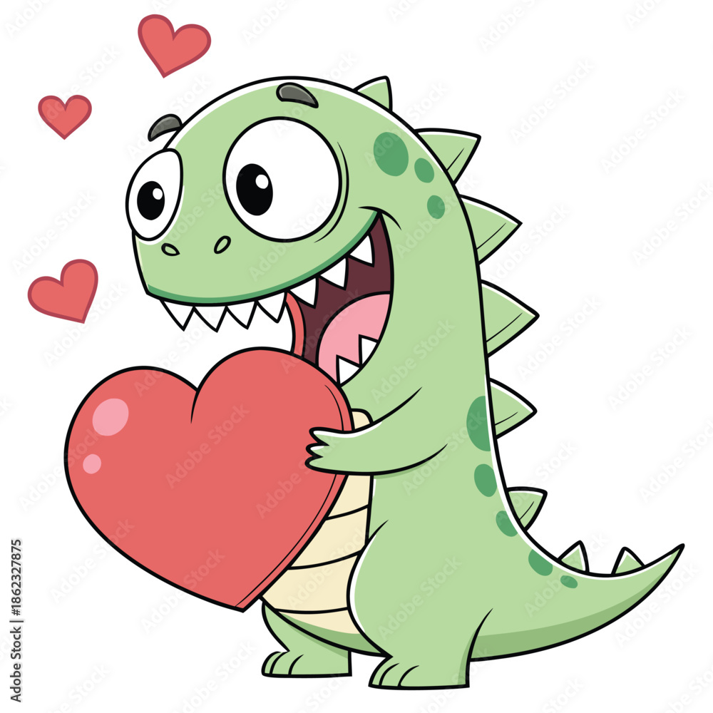 Fototapeta premium a charming cartoon dinosaur lovingly embraces a large red heart amidst floating heart shapes a delightful silhouette
