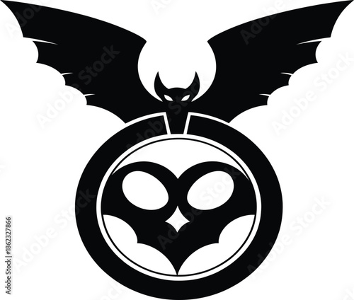 Intricate black dragon crest with wings and circular emblem silhouette