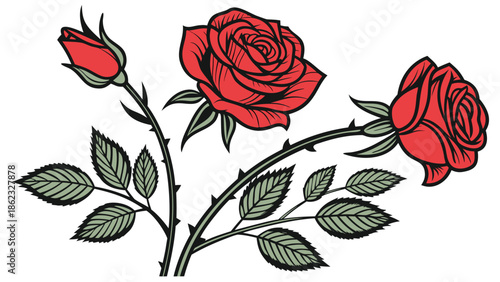 a vibrant depiction of three red roses with lush green leaves and stems a floral silhouette