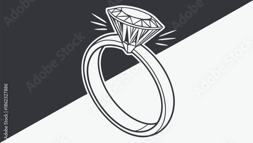 A striking black and white illustration depicts a sparkling diamond ring on a divided background silhouette