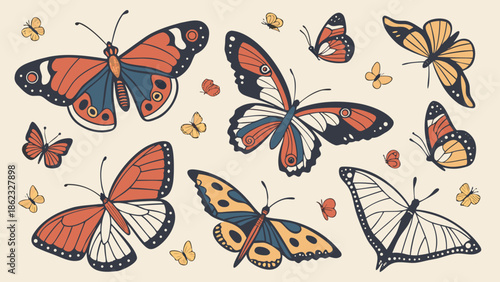 an artistic arrangement of colorful vintage butterflies with intricate details and a bold silhouette high quality