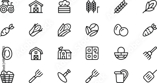 Food and drink icons with farm and kitchen utensil illustrations