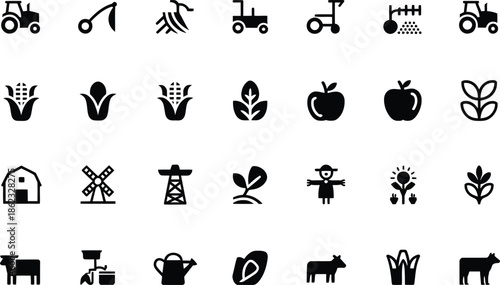 Black silhouette icons of farm equipment animals and produce on white background