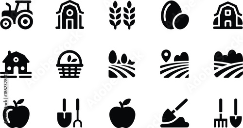 Black and white farm icons and symbols for agriculture and farming