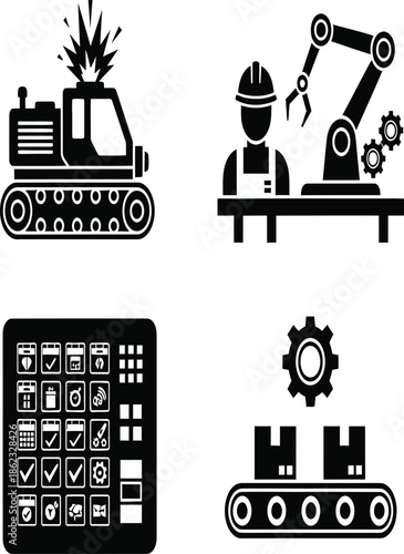 Industrial equipment and automation icons in a monochrome style silhouette