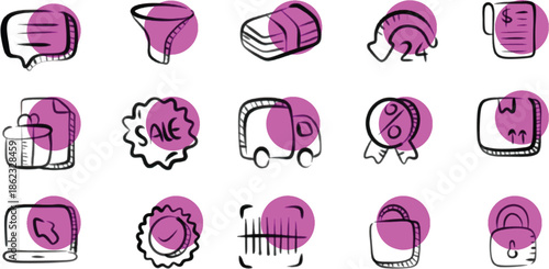 Collection of hand drawn e commerce and shopping icons with vibrant pink circles on a transparent background, perfect for digital design and web applications