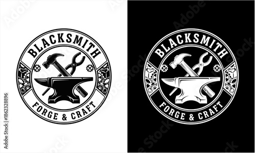 Blacksmith Forge and Craft Emblem with Hammer and Anvil.