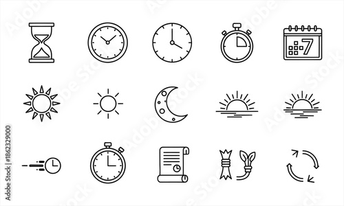 Collection of time and date related line icons for various applications.