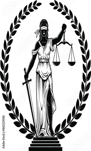 Lady justice with scales and sword framed by a laurel wreath silhouette