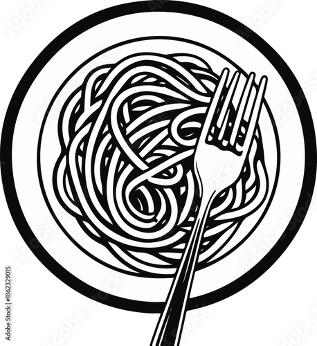 A plate of spaghetti with fork twirl, circular composition, flat vector art, minimal detail, solid colors only, thick black outline, no texture, no lighting, white background 1