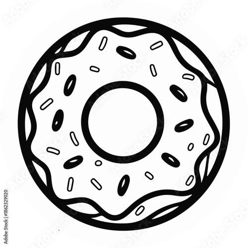 A doughnut with center hole and glaze, clean round silhouette, flat vector illustration, simple shapes, limited colors, bold black outline, no gradient, no shadow, clean sticker design