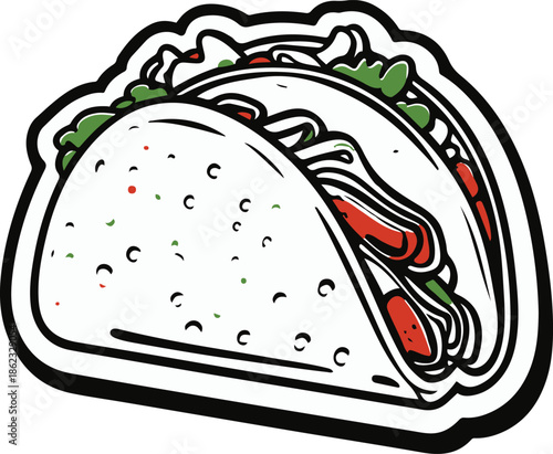 A taco with visible filling, open shell design, flat vector art, clean shape separation, limited color palette, thick black outline, no texture, no lighting, clean sticker style, white background 1