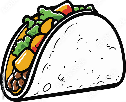 A taco with visible filling, open shell design, flat vector art, clean shape separation, limited color palette, thick black outline, no texture, no lighting, clean sticker style, white background 2