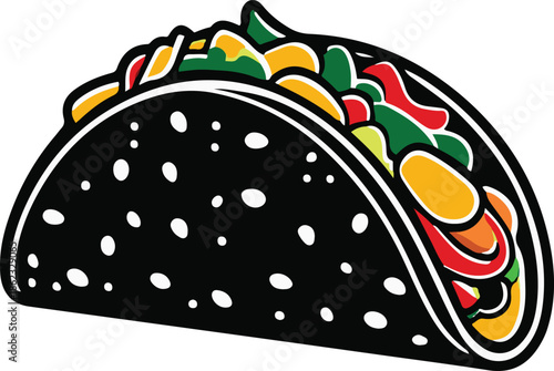 A taco with visible filling, open shell design, flat vector art, clean shape separation, limited color palette, thick black outline, no texture, no lighting, clean sticker style, white background