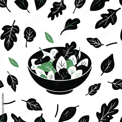 A bowl of fresh salad with leafy shapes, top view composition, flat vector illustration, minimal detail, solid colors only, bold black outline, no gradient, no shadow, white background 2