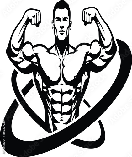 Muscular man flexing arms with orbiting design a striking silhouette