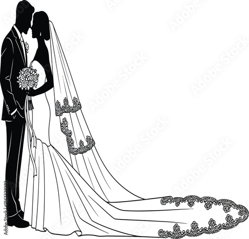 Elegant wedding couple embracing bride in veil a striking black silhouette