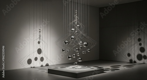 A silver mobile sculpture with spheres hangs in a gallery casting unique shadows on the walls and floor