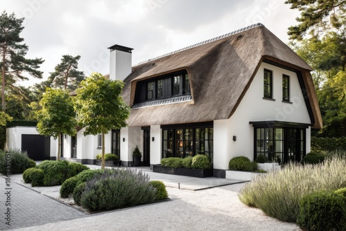 A contemporary house featuring a charming thatched roof is nestled in a lush, forested area, beautifully encircled by vibrant green plants and a winding gravel pathway, all under a moody, overcast sky