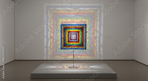 A square colorful artwork projects a square shadow on a museum wall resting on a lit square platform