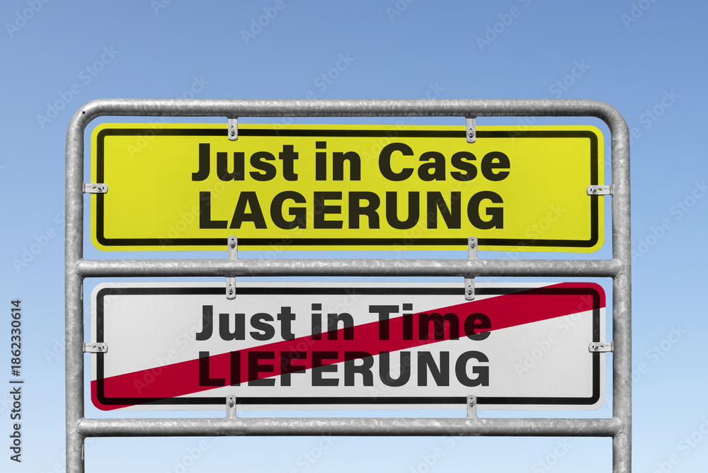 Obraz premium Metalltafel, Unternehmensphilosophie; Just in Case-Lagerung statt Just in Time-Lieferung