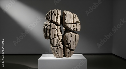 A stone sculpture of two stylized torsos on a white pedestal lit by a spotlight in a gray room