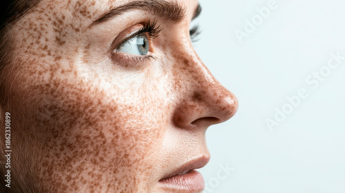 Close-up profile portrait of a woman with a face covered in freckles