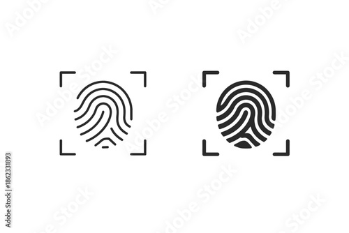 Two fingerprint icons with scanning frames, one outlined and one filled, representing biometric identification