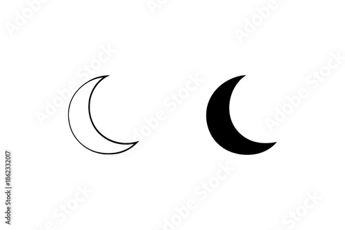 Simple crescent moon icons, one outlined and one solid black, on a white background