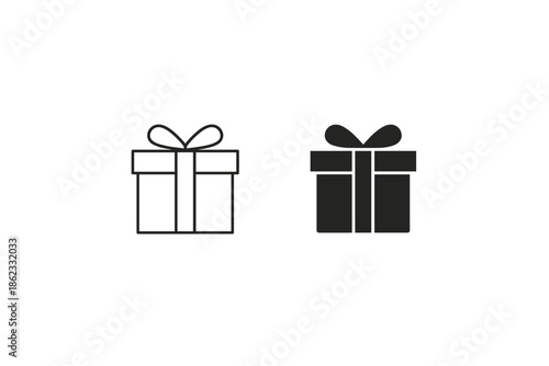 Two gift box icons, one outlined and one solid black, with ribbons