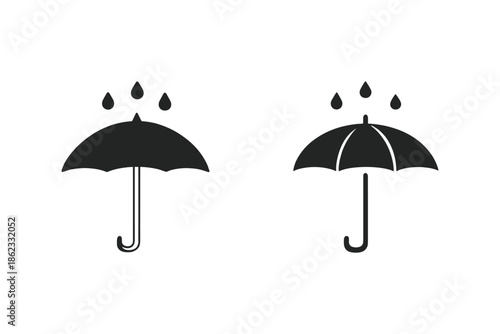 Two black umbrella icons with rain drops falling on them against a white background