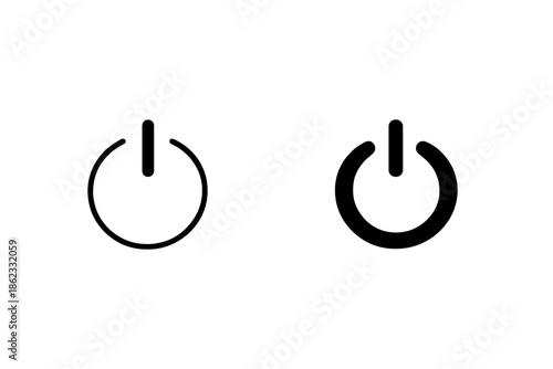 Two power button icons, one outlined and one solid black, isolated on white