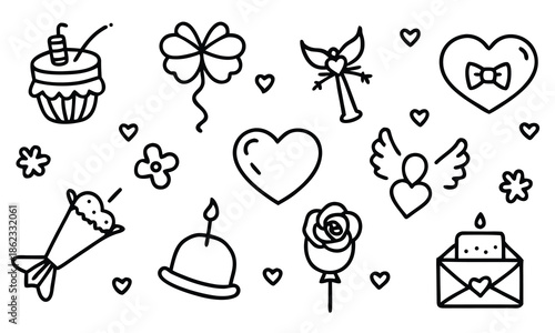 Valentine's Day Romance Line Art Vector Set; Hand Drawn Cupid, Hearts, Love Letters, and Wedding Icons for Romantic Greeting Cards and Seasonal Invitation Design.